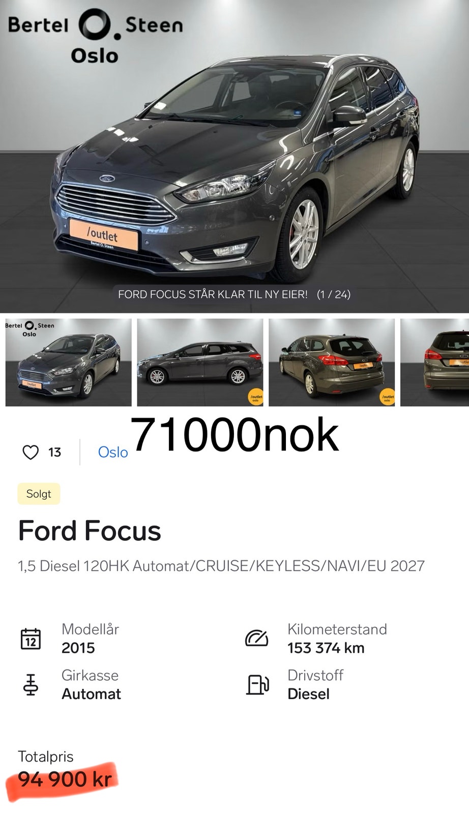 Ford Focus Combi 1.5 TDCi Powershift 6, 6-trins, 120ps, 2015
